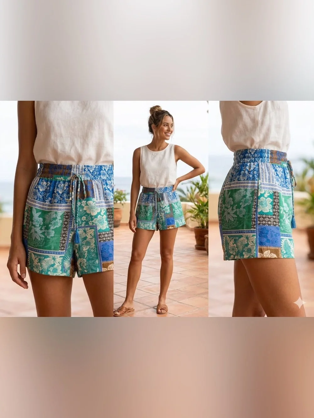 Kathy Ireland Tropical Floral Patchwork Rayon Pull-On Shorts S Lined